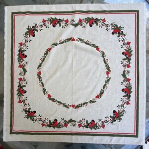 Vintage Christmas Square Tablecloth Red Robin Bird Holly Berry Hearts 35x35